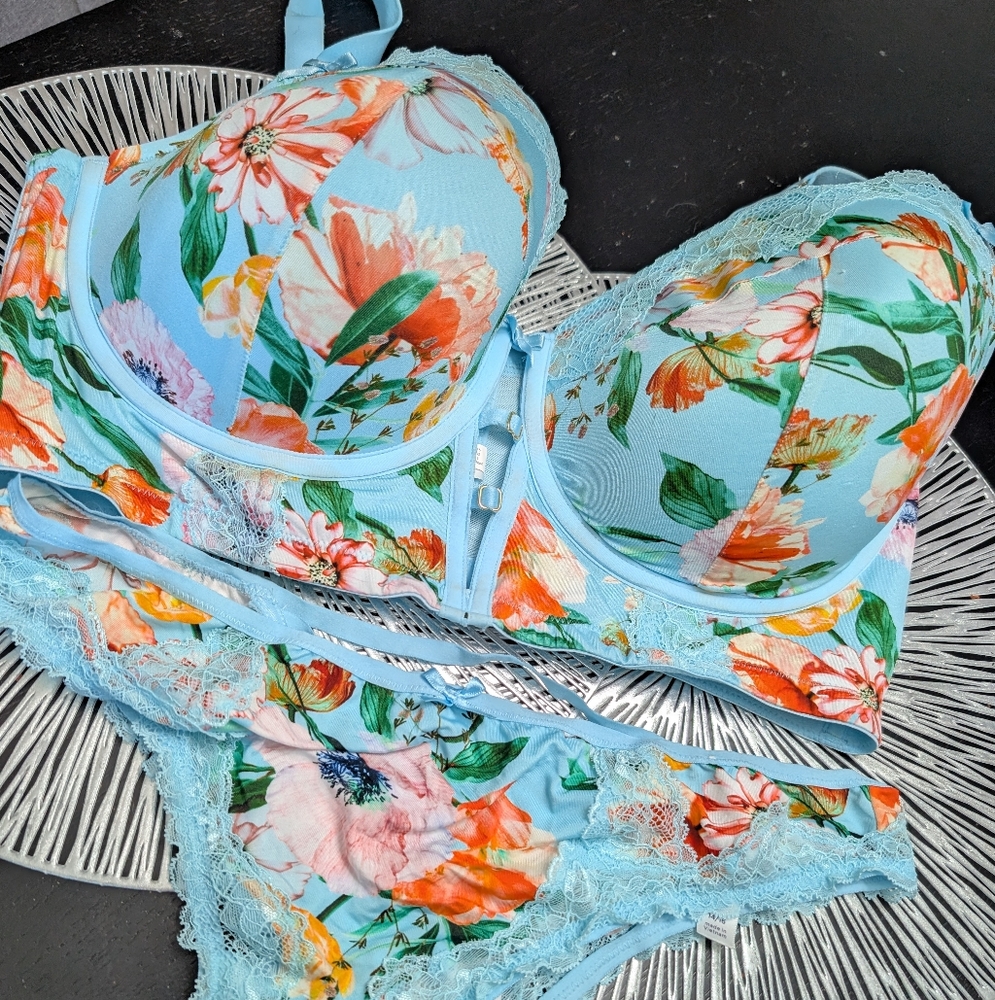 Cacique Floral Lace Trim Intimate Set - Blue